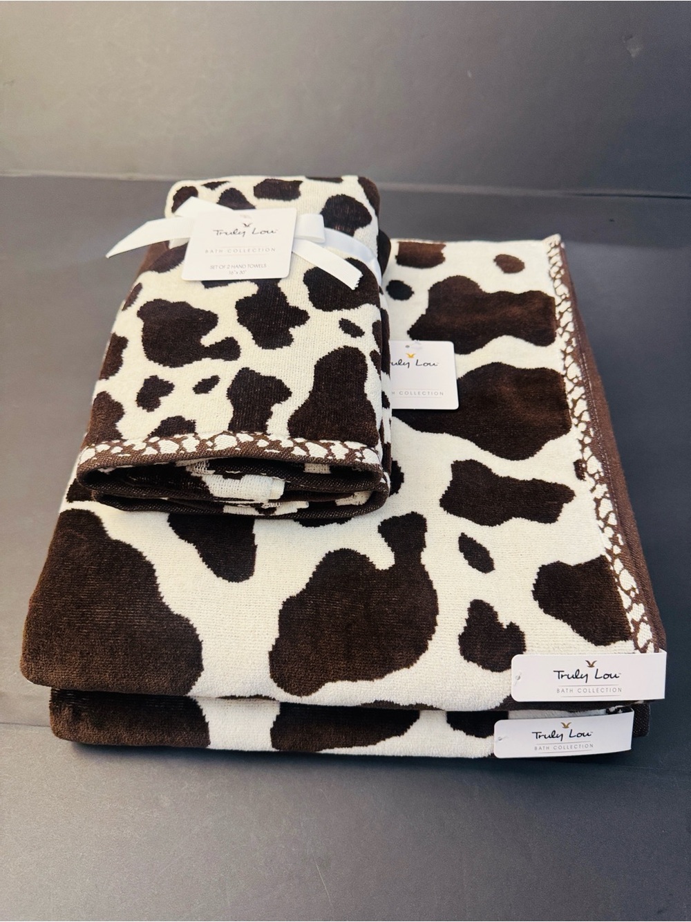 4pc TRULY LOU Bath Towel Set - Cotton Velour - Cow Print - Hot Fudge-Br/OffWhite